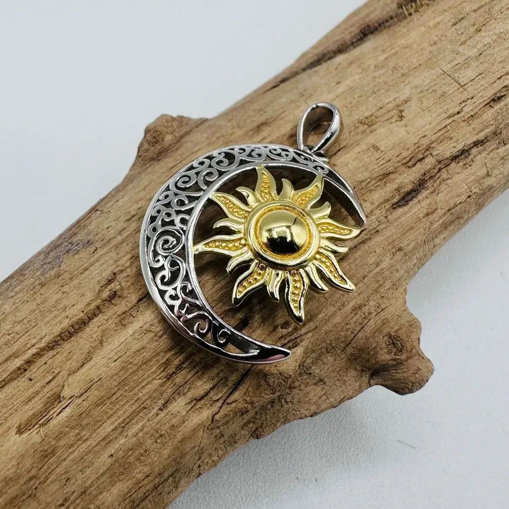 Sterling Silver Two-tone Bohemian Sun and Moon Pendant